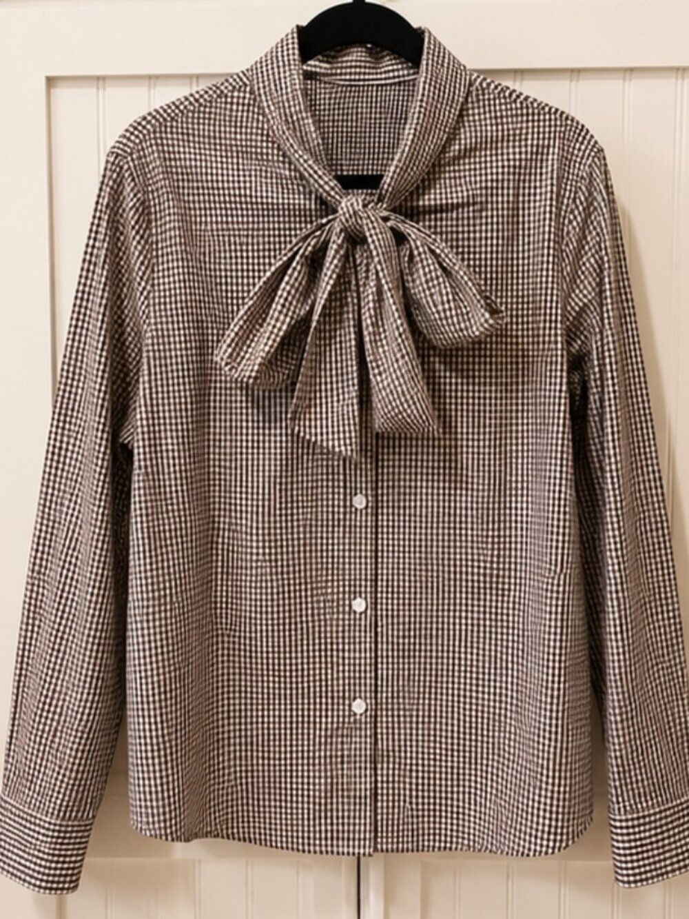 Brown NWOT Gingham Tie Neck Blouse Women's Large Long Sleeve Career Top - Picture 2 of 7